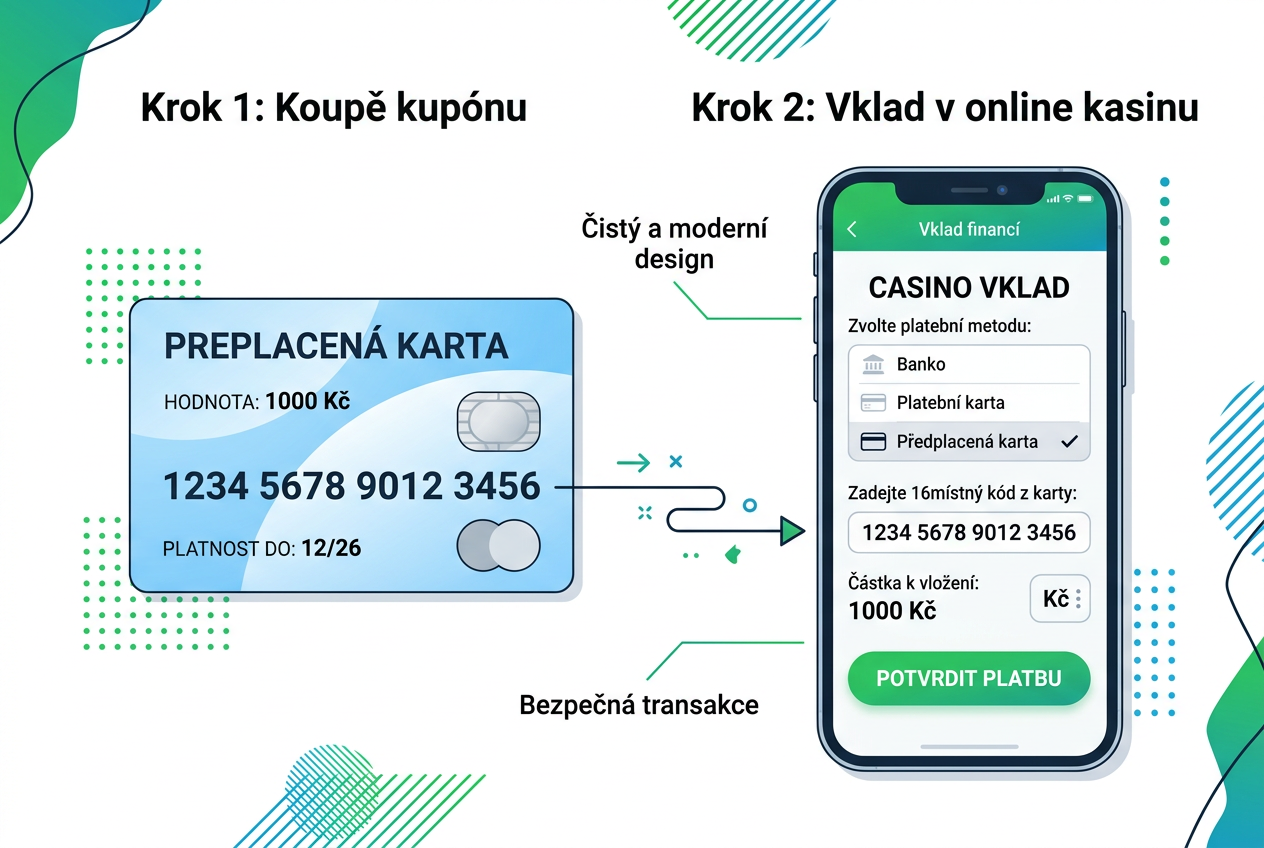 Ilustrace procesu vkladu peněz do online casina pomocí platebního terminálu a telefonu